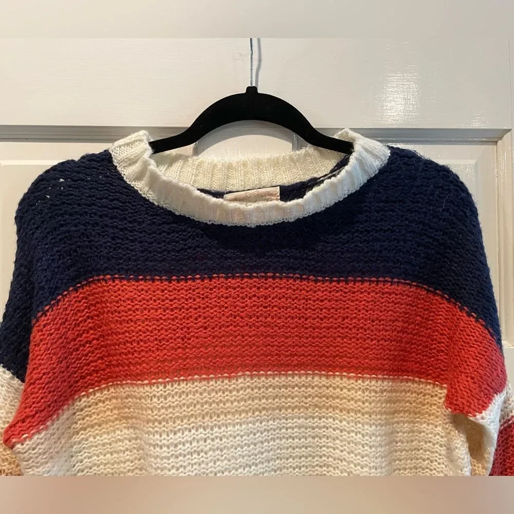 Ambiance Crewneck Knit Long Sleeve Sweater Blue‎ White Orange Stripes Size Large